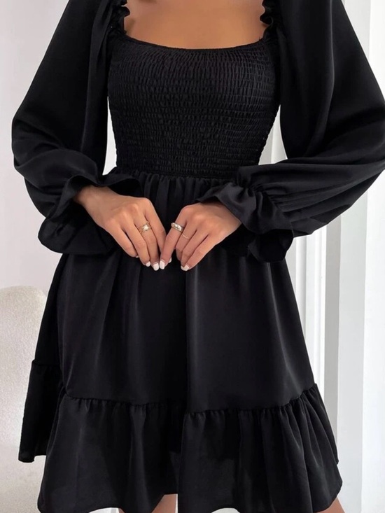 SHEIN Dresses & Skirts - Women’s Square Neck Shirred Bodice Flounce Sleeve Ruffle Hem Mini Dress